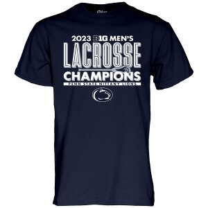 navy short sleeve t-shirt with 2023 Big 10 Men's Lacrosse Champions Penn State Nittany Lions and Athletic Logo